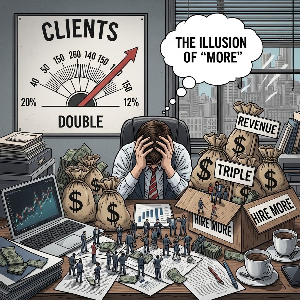 a man sitting at a desk with a lot of small figurines around sustainable business growth