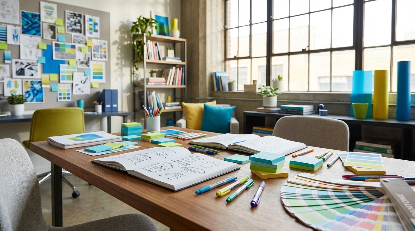 work place with aligned color scheme instead of creative mess