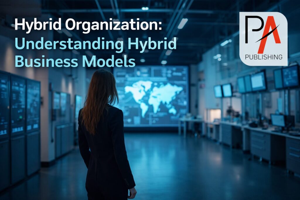 Hybrid Business Feature Image: Title and female standing in modern office space