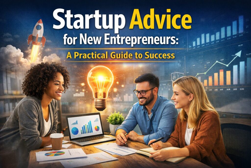 Startup Advice - professionals sitting around a table with an idea light bulb