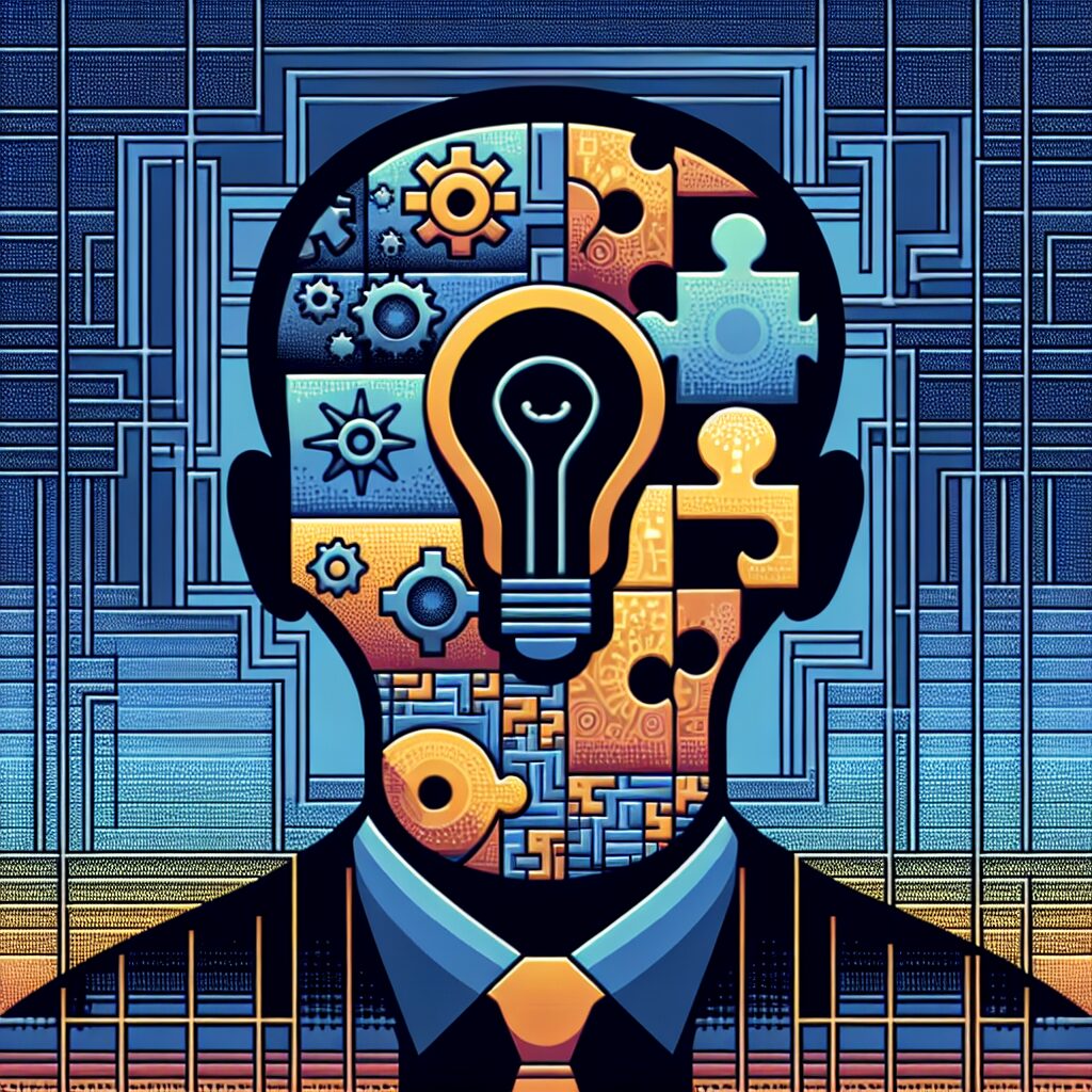 Entrepreneur silhouetted with abstract icons of innovation and problem-solving, symbolizing emotional discipline in an entrepreneurial mindset.