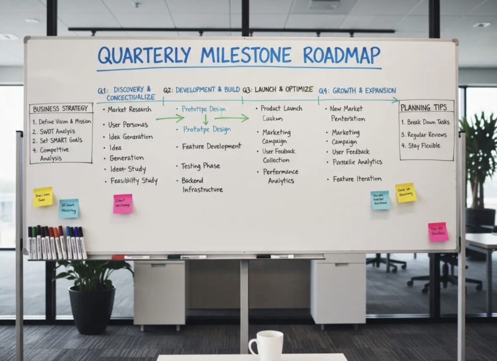 Essential Business Planning Tips for Building a Strong Strategic Foundation 1 Quarterly milestone roadmap on a whiteboard outlining business strategy and planning tips.