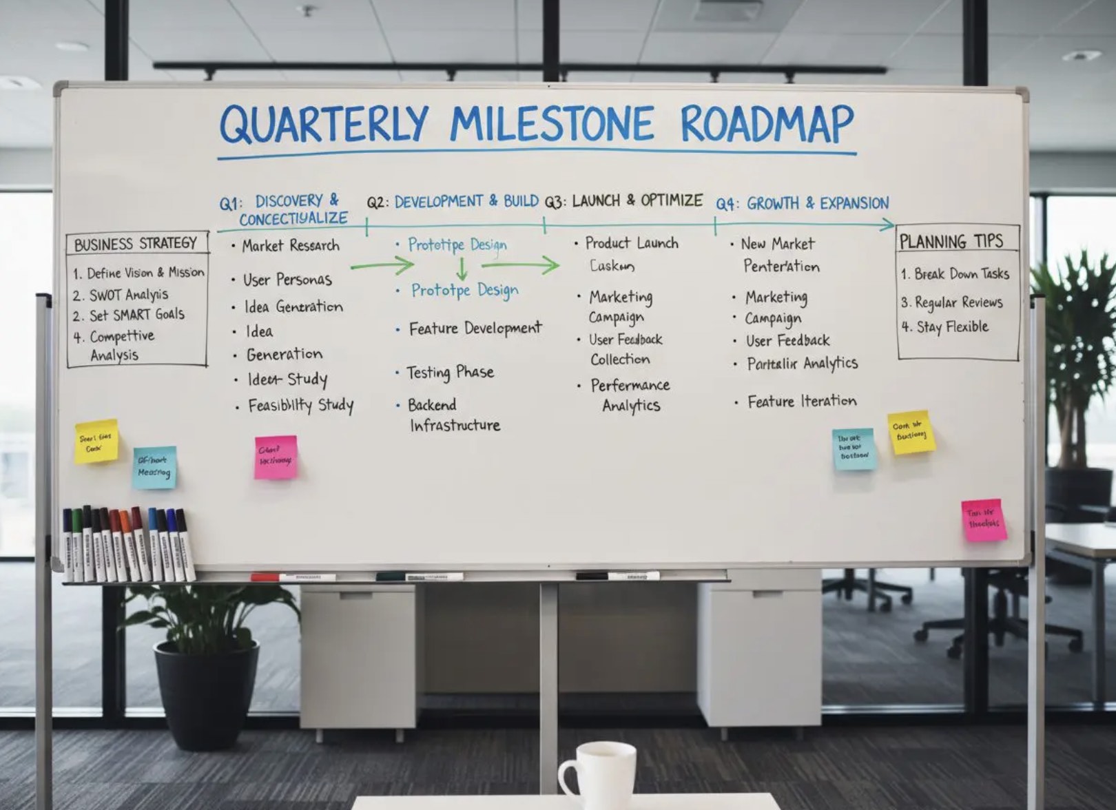 Quarterly milestone roadmap on a whiteboard outlining business strategy and planning tips.