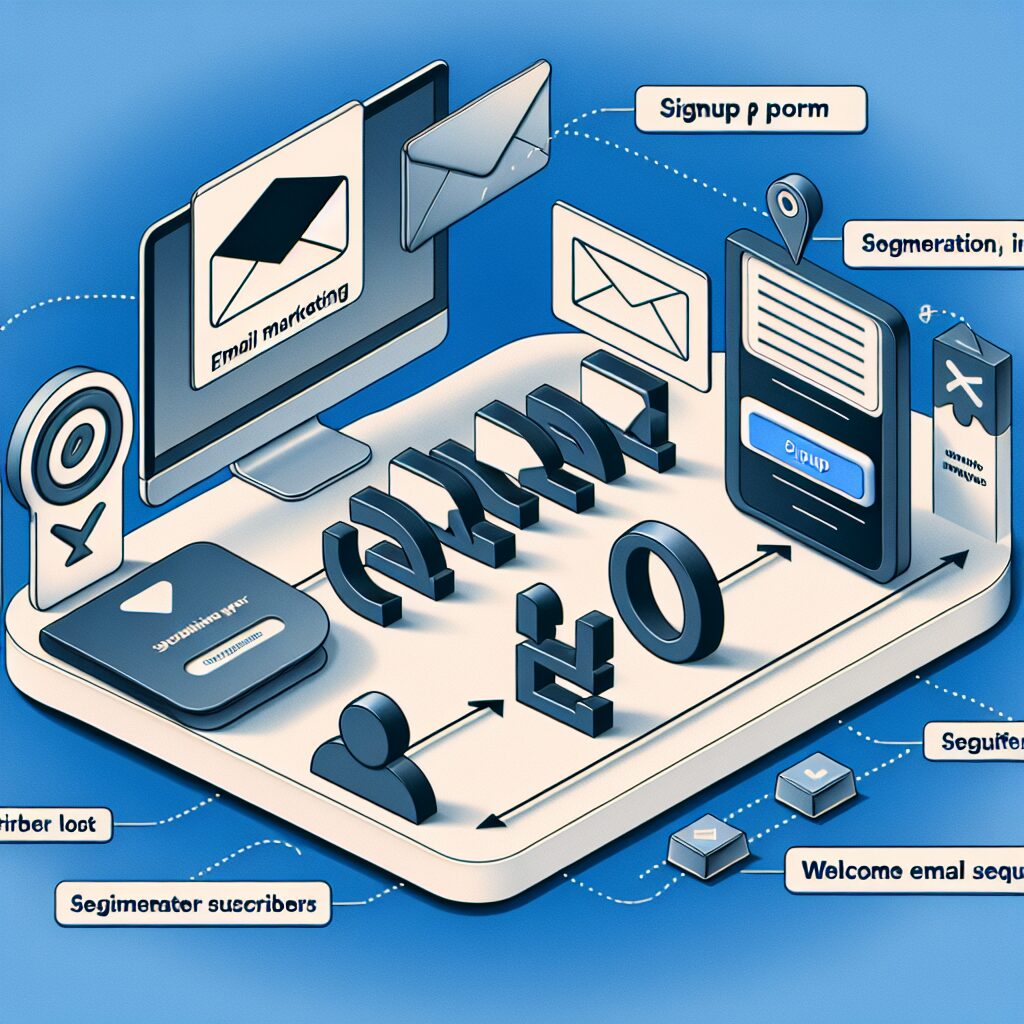 Email Marketing for Beginners. Beginner’s email marketing workflow diagram showing signup form, subscriber list, segmentation, and automated welcome email sequence.