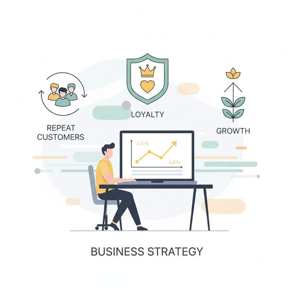 turn customers into repeat buyers: A modern flat-style illustration of a small business owner reviewing customer data on a laptop, with icons representing repeat customers, loyalty, and growth, clean professional color palette, minimal background, business strategy theme