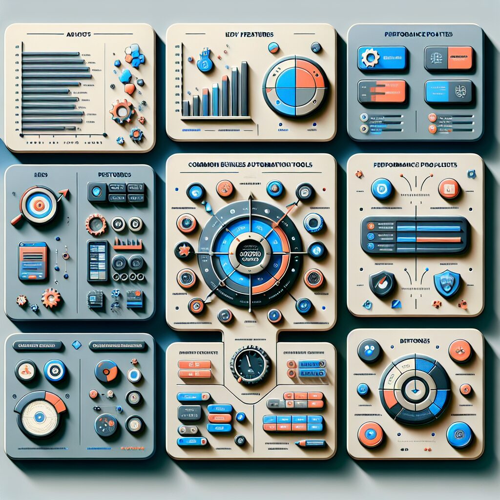 Comparative Dashboard of Common Business Automation Tool Categories Comparative dashboard showing categories of common business automation tools with key features and metrics.