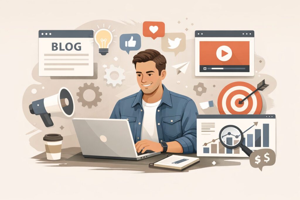 Content marketing for small business: A clean, modern illustration of a small business owner working on a laptop surrounded by content marketing elements such as blog icons, video play buttons, social media symbols, and analytics charts, professional yet approachable style, neutral color palette, small business growth theme