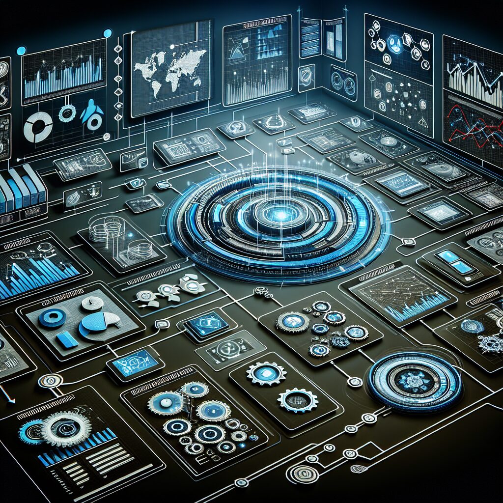 Integrated dashboard displaying business automation tools and interconnected workflow processes.
