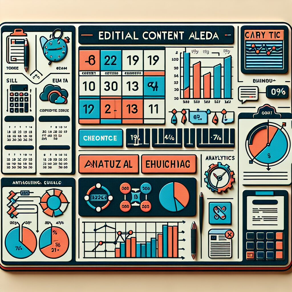 Content Marketing: Editorial content calendar alongside an analytics dashboard highlighting content marketing best practices.