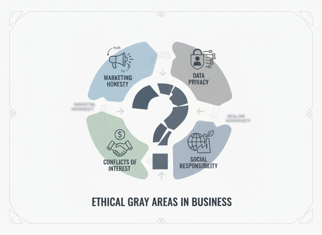 Ethical Dilemmas in Business: Navigating Ethical Gray Areas in Modern Business Practices 1 ethical dilemmas in business An infographic-style illustration showing ethical gray areas in business, including marketing honesty, data privacy, conflicts of interest, and social responsibility, simple icons, balanced neutral tones, corporate ethics concept