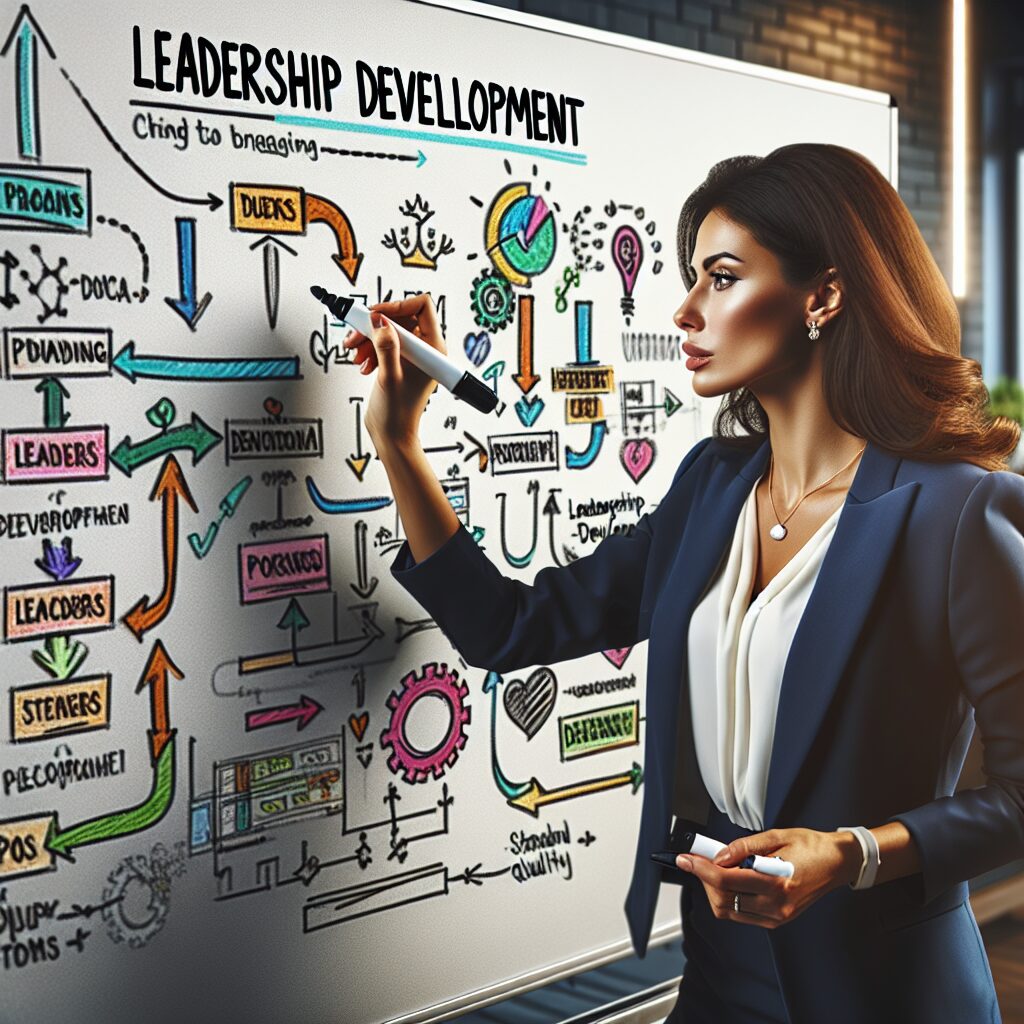 Entrepreneur outlining a leadership development roadmap on a whiteboard in a professional setting.