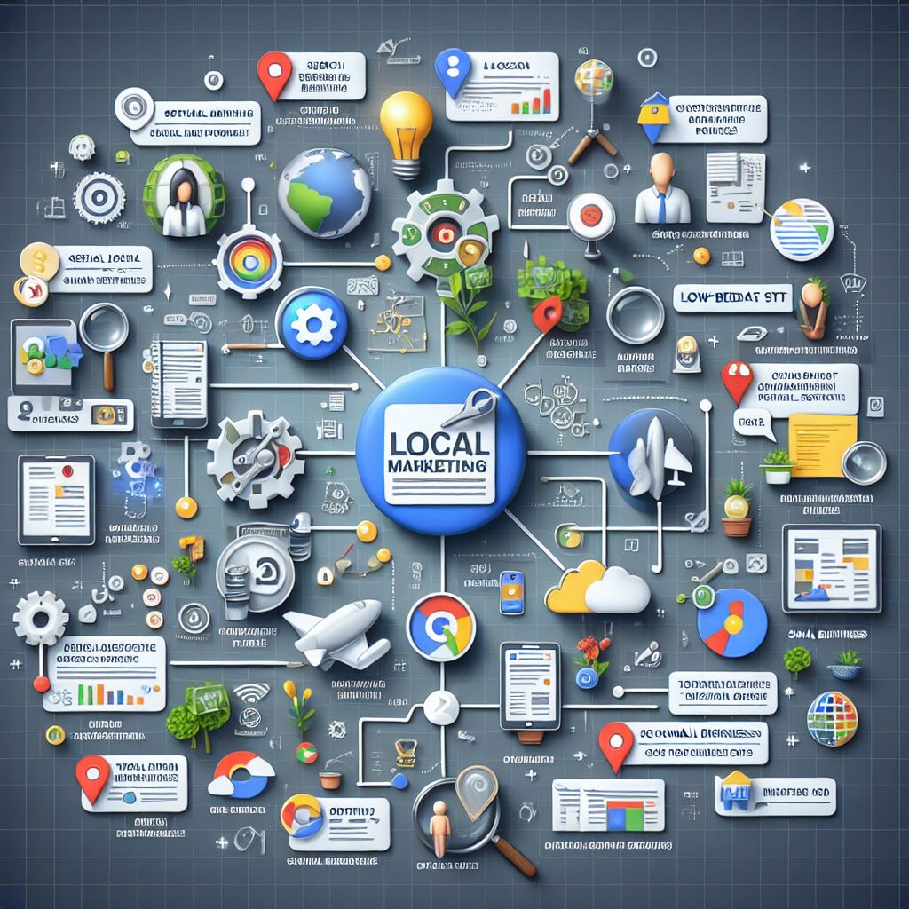 Local marketing blueprint highlighting SEO, Google Business Profile optimization, social media strategy, and low-budget online tactics for small businesses.