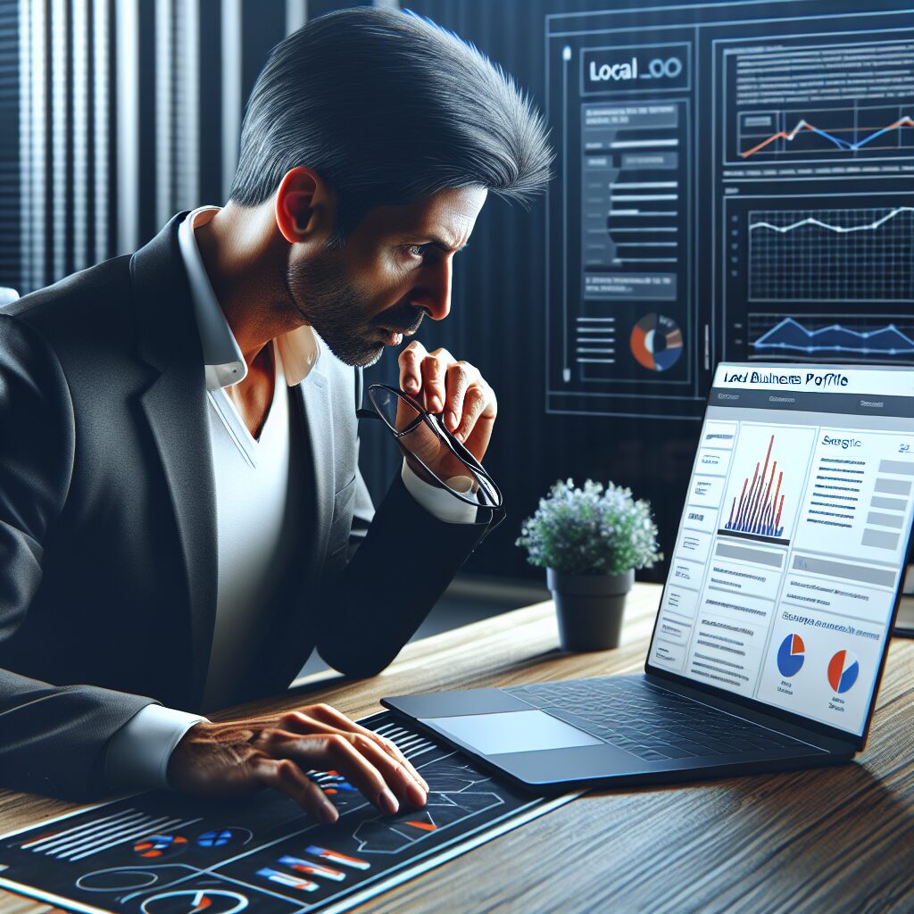 Small business owner optimizing a Google Business Profile listing to improve local search visibility through local SEO strategies.