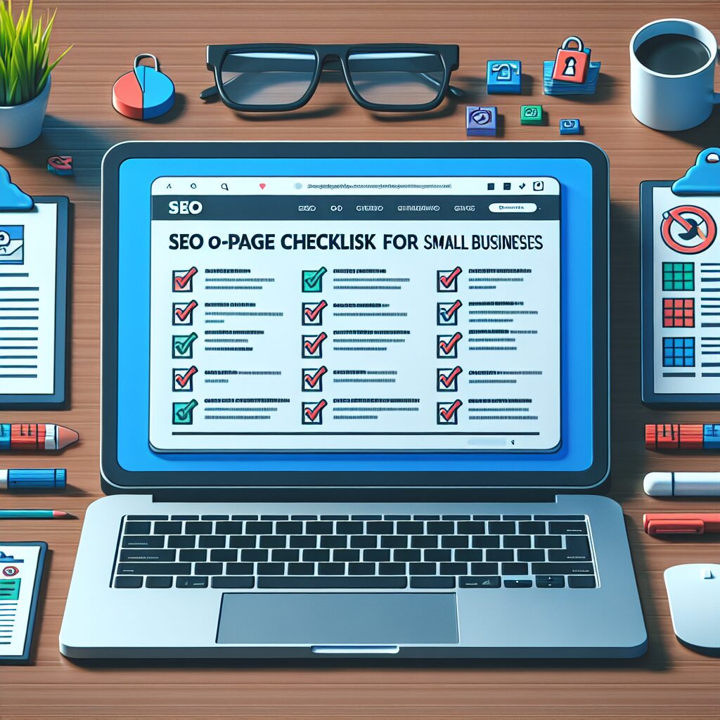Small Business On-Page SEO Checklist on a Laptop Screen Laptop screen displaying a small business on-page SEO checklist with SEO tips. SEO tips for small businesses