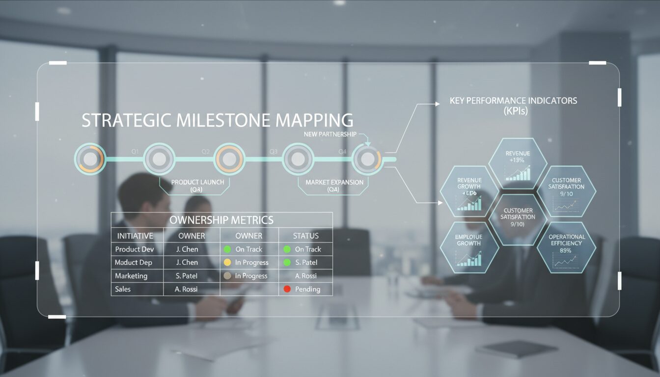 Essential Business Planning Tips for Building a Strong Strategic Foundation 2 Strategic business planning diagram showing milestone mapping and ownership metrics with key performance indicators.