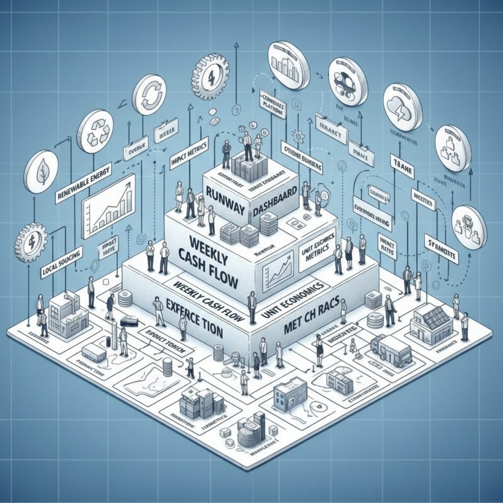 Systems blueprint showing metrics-driven, sustainable small business growth through scalable operations, team building, and stability-focused performance tracking