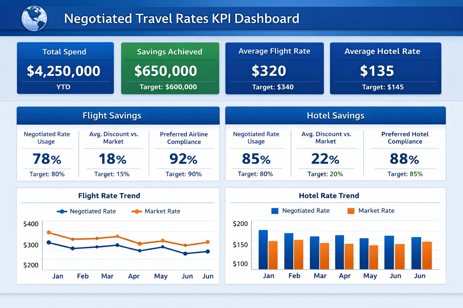 Negotiating Hotel and Airline Rates: Tactics for Travel Managers 2 Example KPI dashboard for negotiated travel rates
