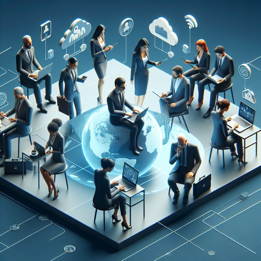 Balancing Culture and Well-Being in Distributed Teams Professionals collaborating remotely across time zones, balancing team culture and employee well-being with digital tools and structured communication.