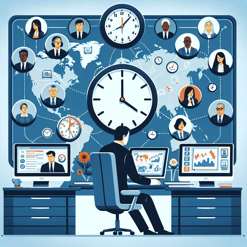 Professional coordinating meeting across multiple time zones, illustrating remote work challenges and solutions for distributed teams.