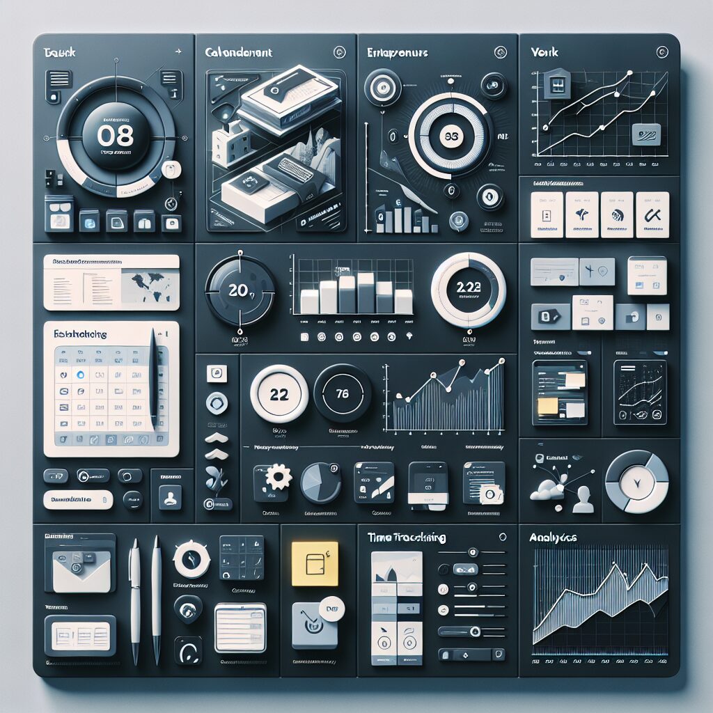 Dashboard overview of top productivity tools for entrepreneurs, featuring task management, calendar scheduling, note-taking, time tracking, and analytics widgets.