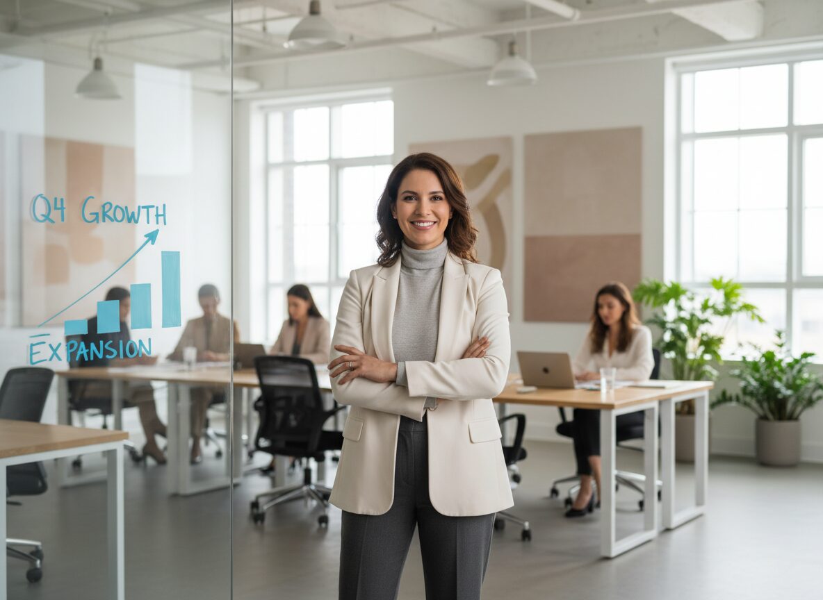 entrepreneurship skills: A high-quality lifestyle photograph of an entrepreneur standing in a bright office environment, confident posture, neutral tones, natural light, modern professional setting, conveying leadership, resilience, and business growth