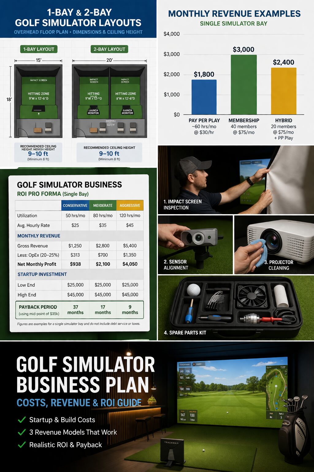 Overhead floor plan for 1‑bay and 2‑bay indoor golf simulator layouts showing dimensions and ceiling height notes