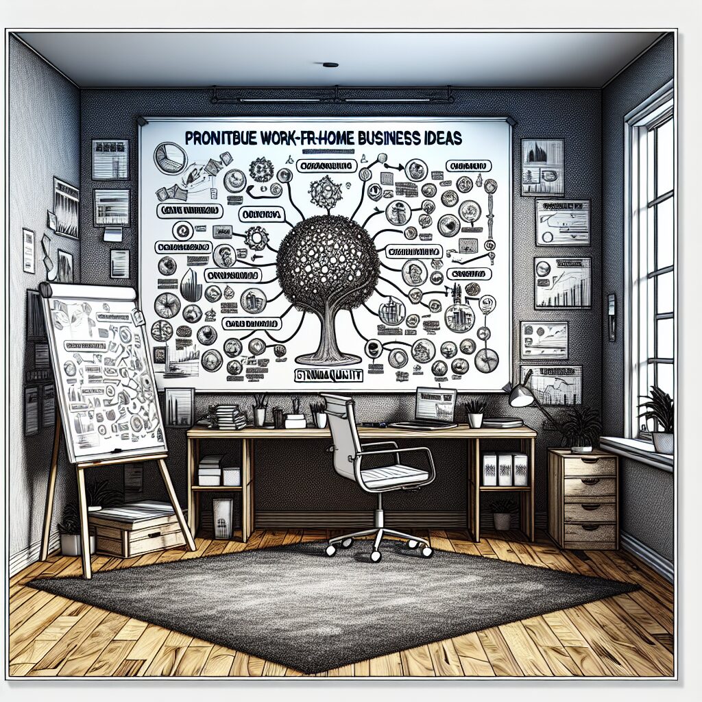 Home office whiteboard displaying a mind map of profitable work-from-home business ideas