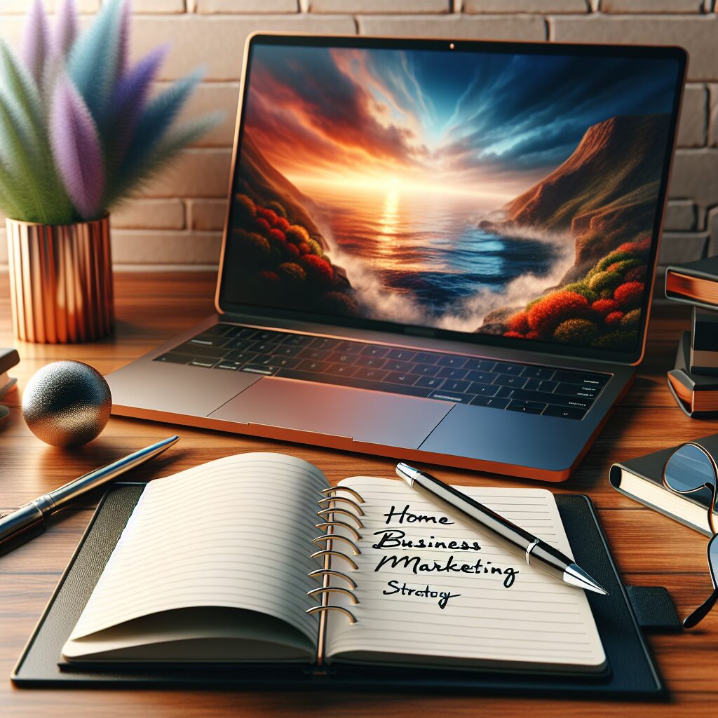 Laptop beside an open notebook with handwritten strategy notes and a pen, representing home business marketing tips.
