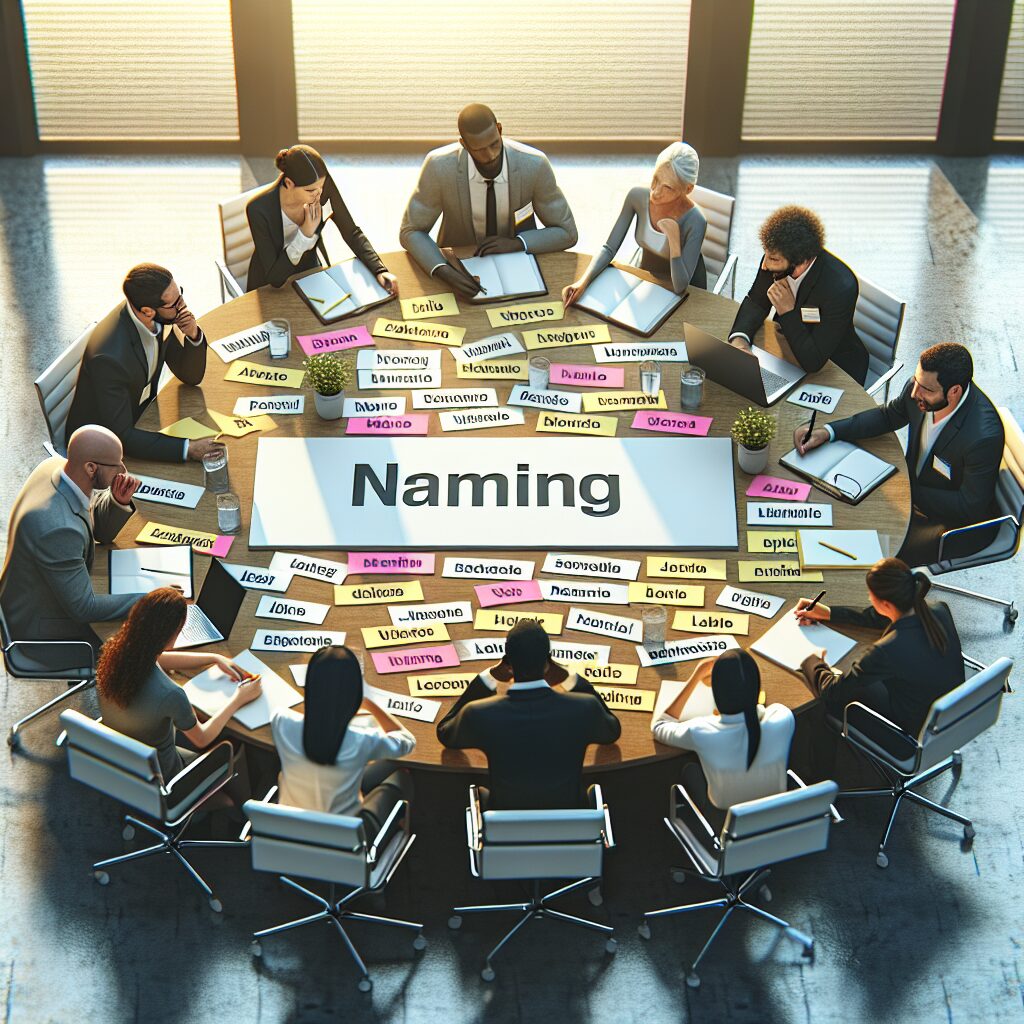 Naming Workshop: Comparing Industry Keywords for a Distinct Business Identity Participants in a naming workshop compare industry keywords to choose a distinctive business name.
