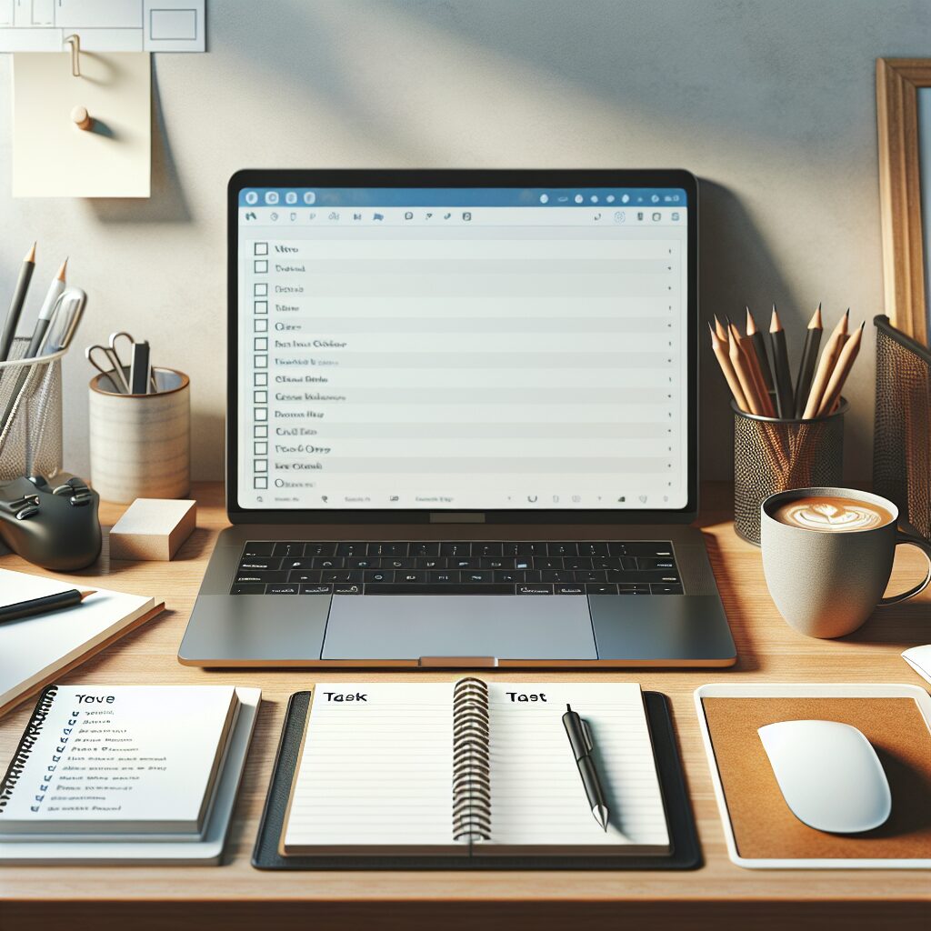 Laptop on a home office desk beside a task list, illustrating productive remote work.