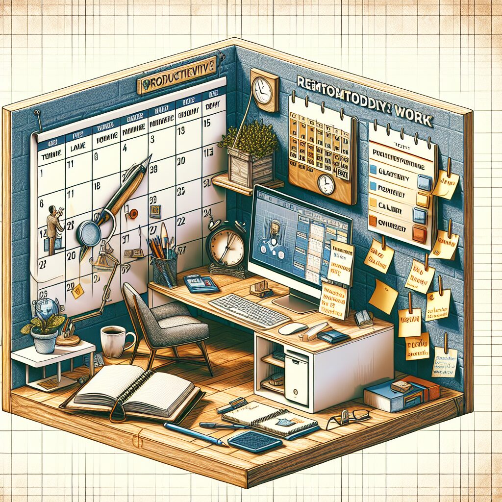Remote Workday Blueprint: Calendar Blocks and Task Prioritization Remote work productivity plan showing calendar time blocks and prioritized task list for a structured workday.