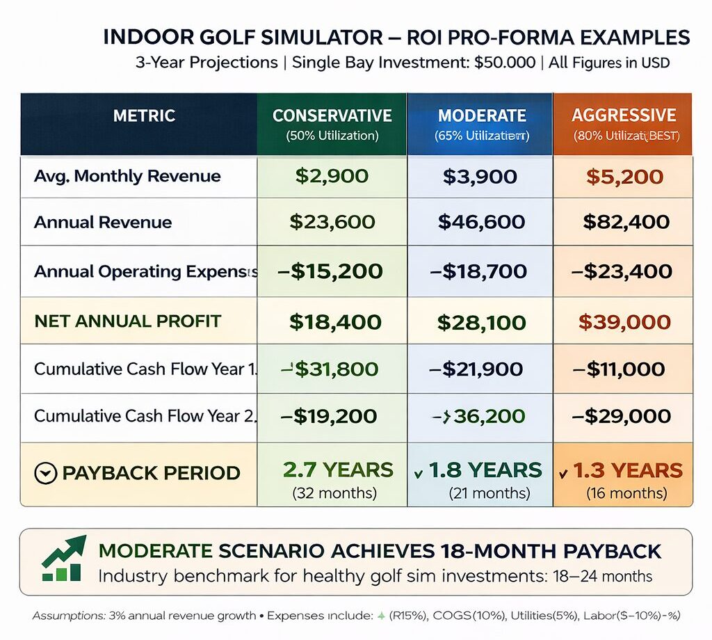 Spreadsheet mockup showing conservative, moderate, and aggressive ROI pro‑formas with payback highlighted