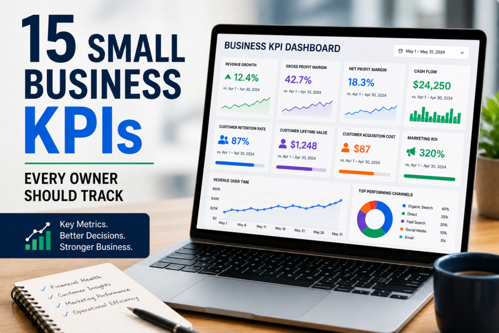 15 Small Business KPIs Every Owner Should Track 1 Small business KPIs dashboard with financial metrics, customer retention data, cash flow tracking, and business growth indicators