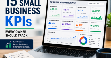 Small business KPIs dashboard with financial metrics, customer retention data, cash flow tracking, and business growth indicators