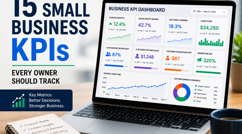 Small business KPIs dashboard with financial metrics, customer retention data, cash flow tracking, and business growth indicators