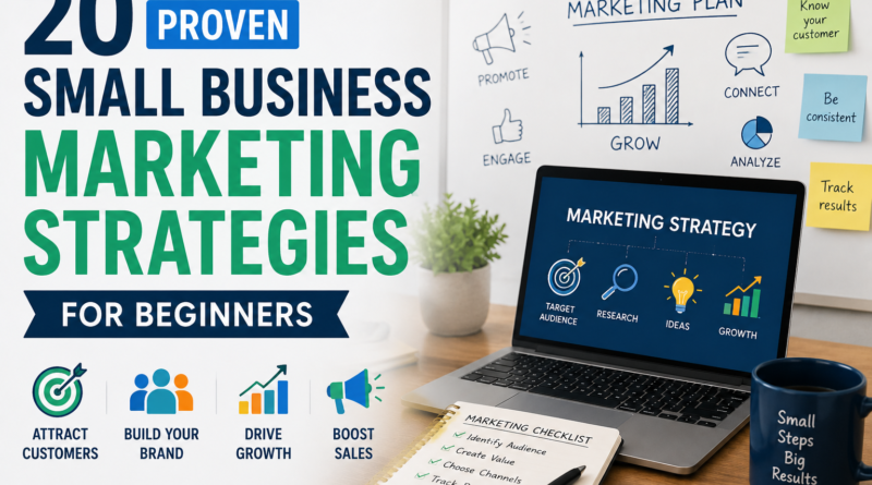 Small Business Marketing Strategy for beginners featuring customer acquisition, brand building, business growth, and marketing planning