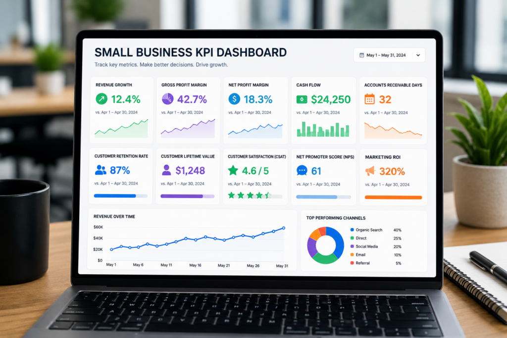 15 Small Business KPIs Every Owner Should Track 2 Small business KPIs dashboard showing revenue growth cash flow customer retention and profitability