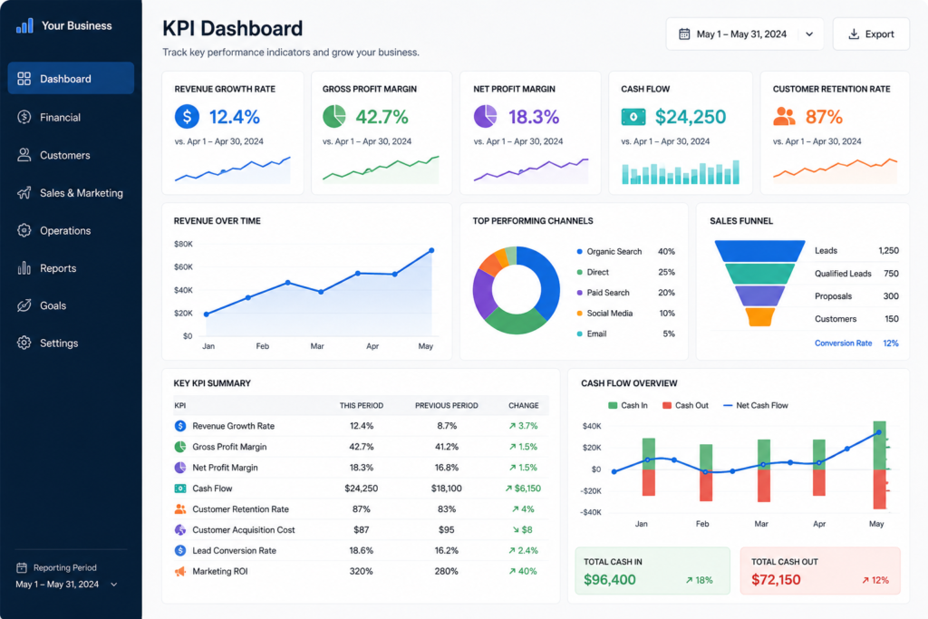 15 Small Business KPIs Every Owner Should Track 3 Example KPI dashboard for tracking small business growth and profitability - small business KPIs